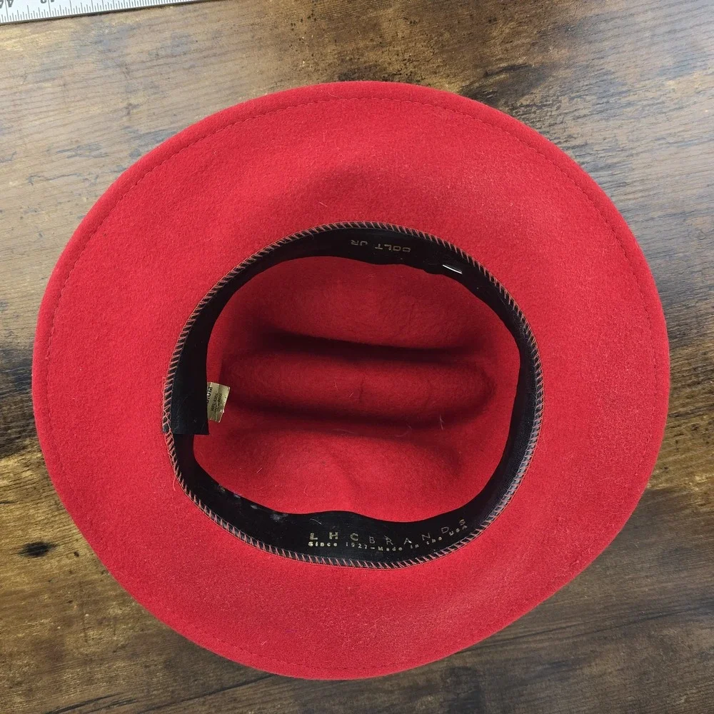 Vintage LHC Brands Red Wool Fedora Hat Medium USA Made w/ Butterfly‎ Accent